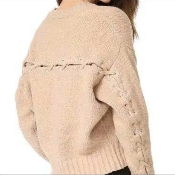 IRO Sweaters - IRO | Women’s Cream Beige Lish Pullover Fuzzy Lace-Up Back Crop Sweater Crewneck
